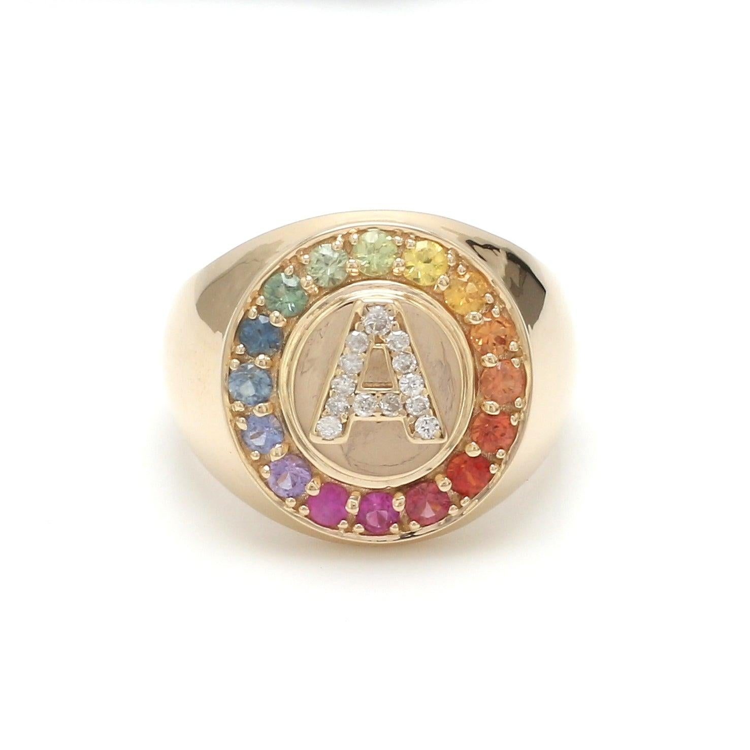 Contemporary Rainbow Sapphire Letter Signet Ring in 18K Gold
