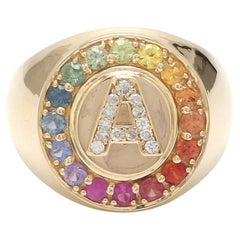 Rainbow Sapphire Letter Signet Ring in 18K Gold