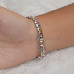 Rainbow Sapphire Link Bracelet in 14K White Gold, 11.54 Carats