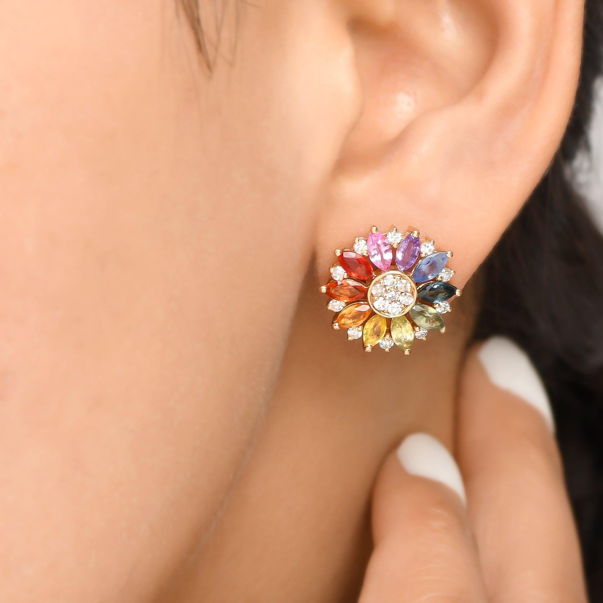Contemporary Rainbow Sapphire Marquise and Diamond Gold Studs in 18k