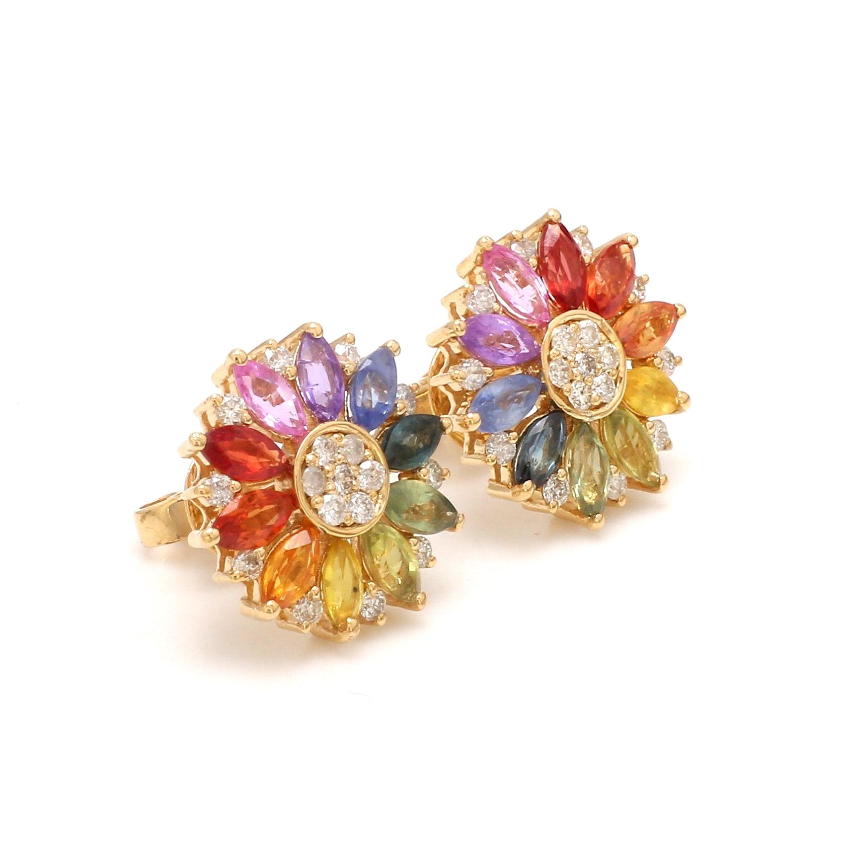 Rainbow Sapphire Marquise and Diamond Gold Studs in 18k In New Condition In jaipur, IN