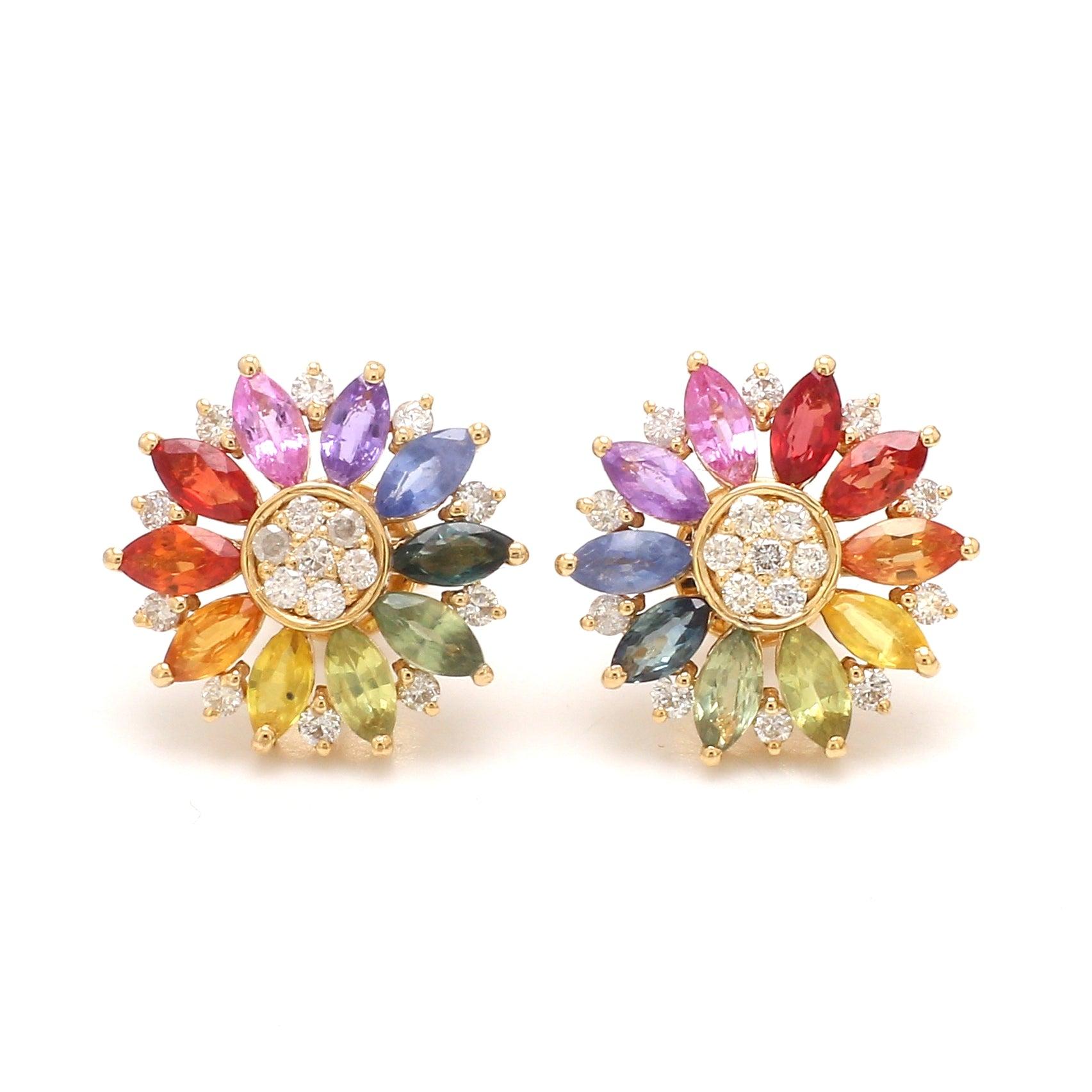 Women's Rainbow Sapphire Marquise and Diamond Gold Studs in 18k