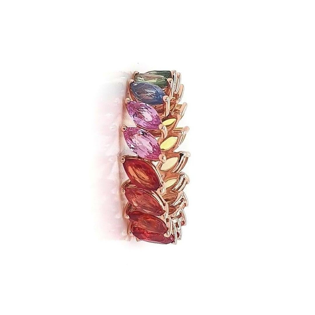Stone : Yellow, Orange, Red, Blue, Pink and Green Sapphire
Type : Natural
Ring Weight- 3.34 gms
Shape : Marquise
Size : 6x3 mm
Weight : 5.14 Carats
Ring Size : US 6.5
Metal : Rose Gold
Enhancement : Heated

Please allow 5-10% fluctuation in stone