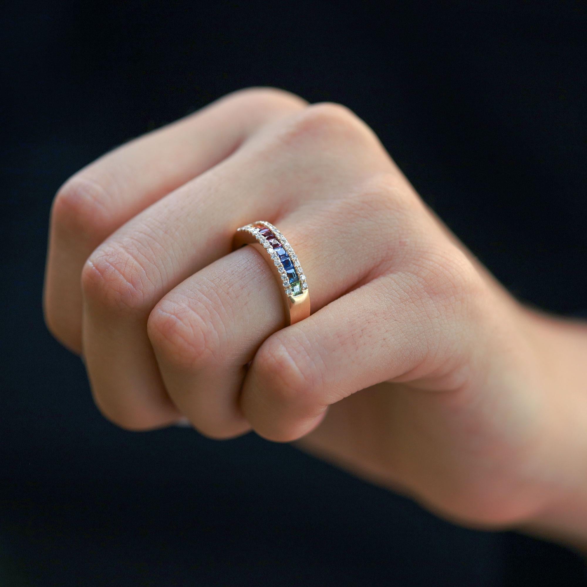 Princess Cut Rainbow Sapphire Multi Color and Diamond Wedding Band 3 Row Ring For Sale