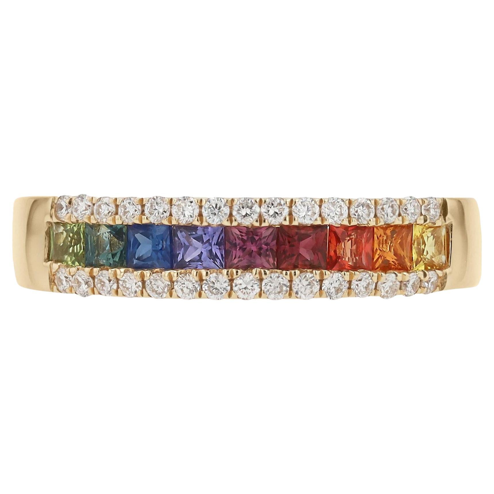 Rainbow Sapphire Multi Color and Diamond Wedding Band 3 Row Ring For Sale