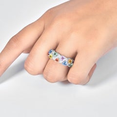 3.77 Carat Natural Rainbow Sapphire Diamond Band Ring, 14k White Gold