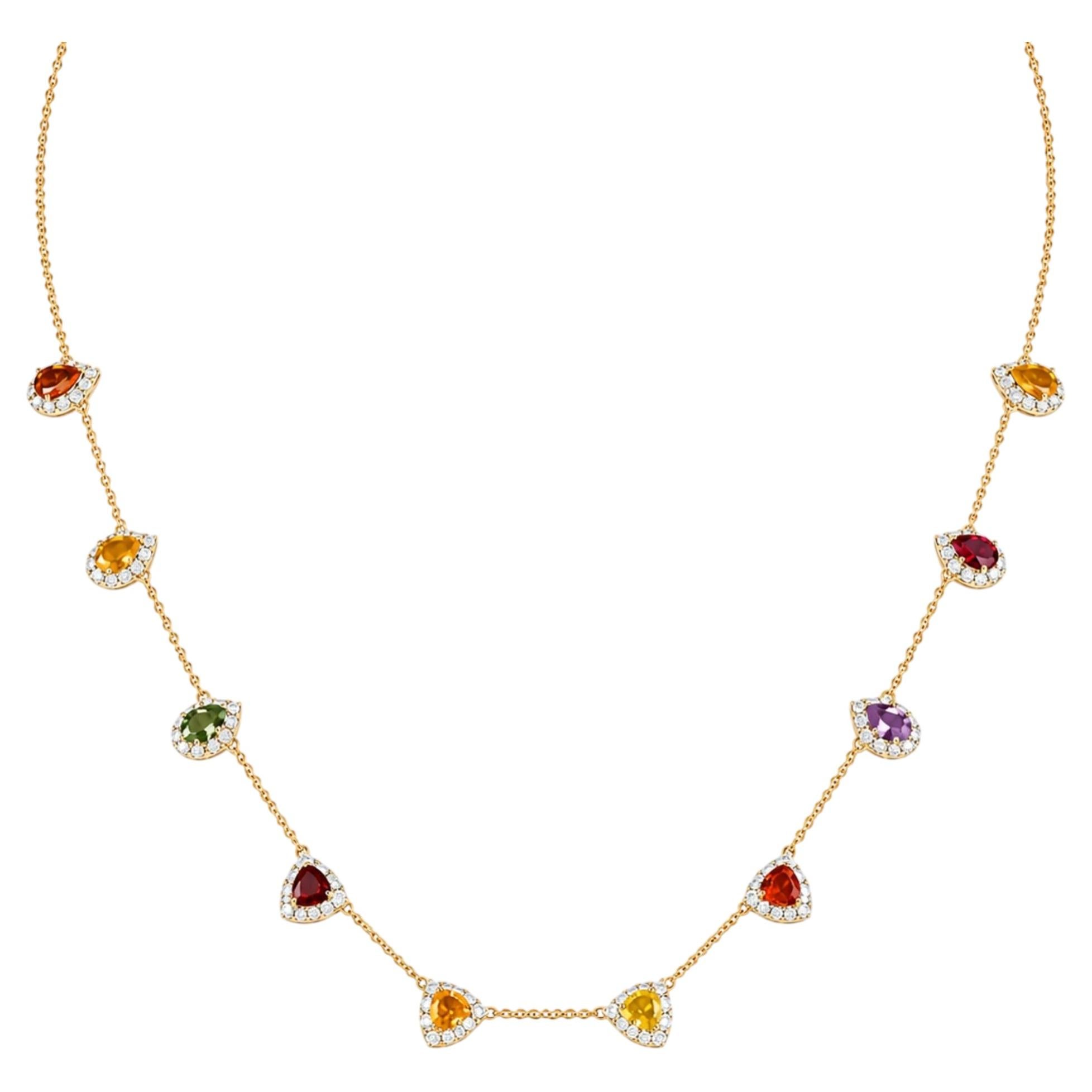 Rainbow Sapphire Natural Diamond Station Necklace in 14k Solid Gold (Certified)