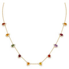 Rainbow Sapphire Natural Diamond Station Necklace in 14k Solid Gold (Certified)