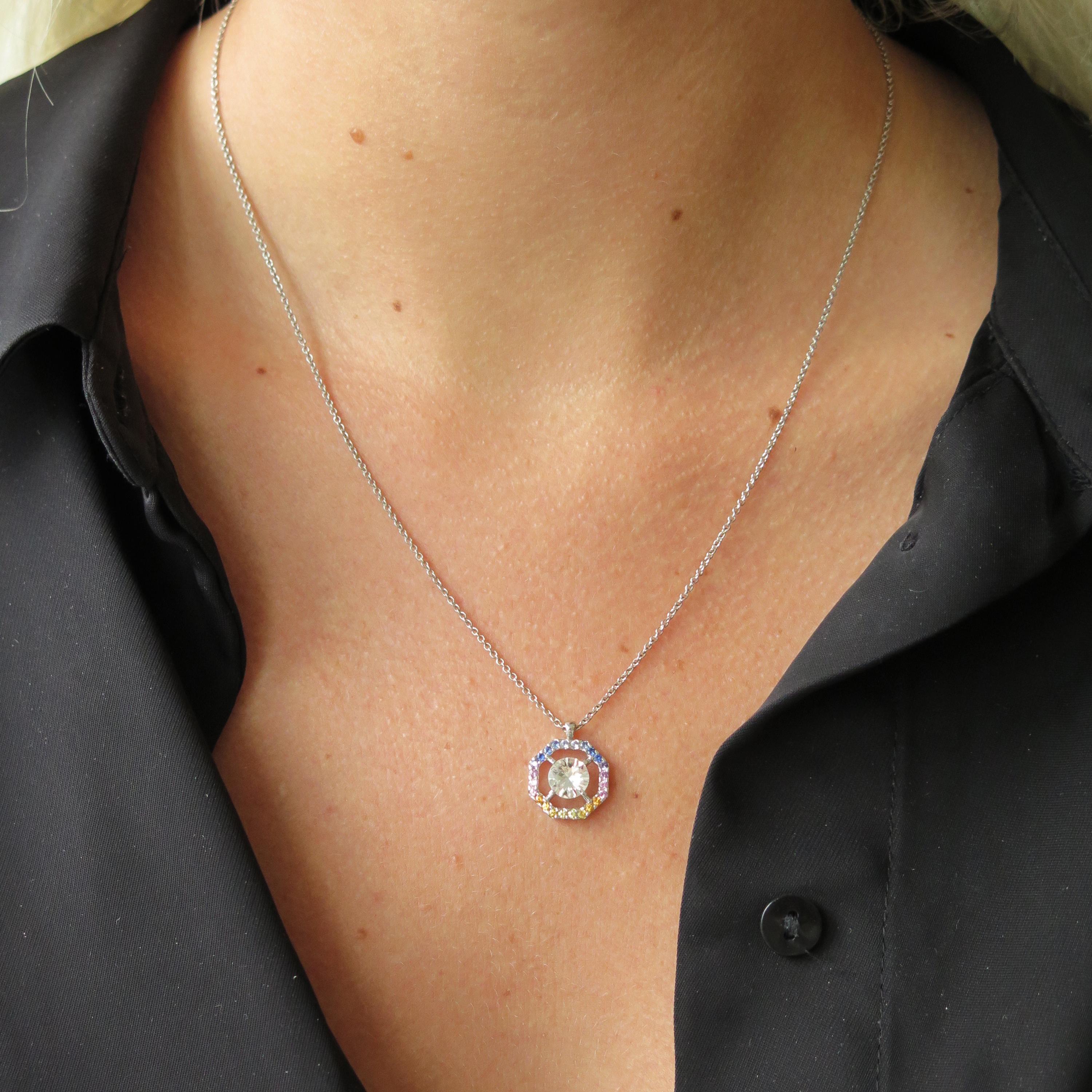 Contemporary Rainbow Sapphire Octagon 18 Karat White Gold Necklace For Sale