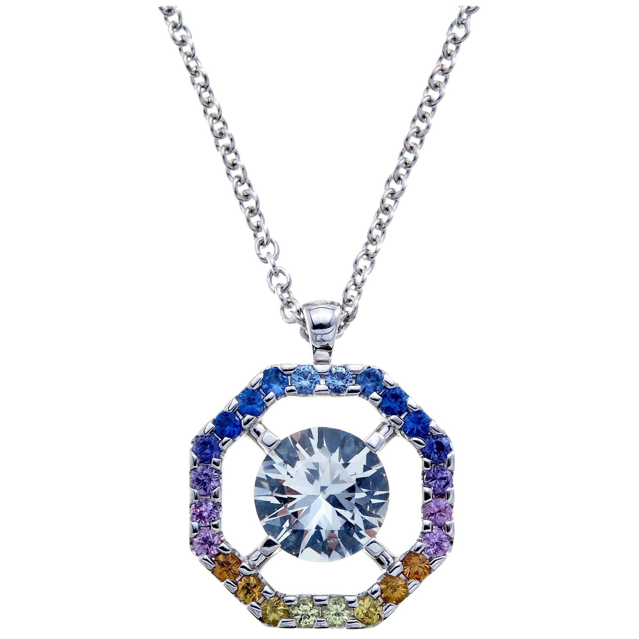 Rainbow Sapphire Octagon 18 Karat White Gold Necklace For Sale