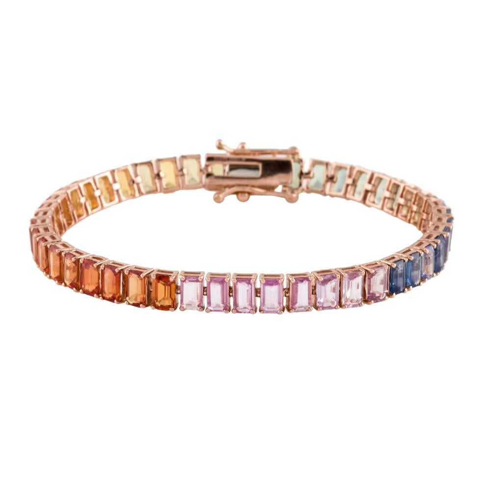 Stone :  Rainbow Sapphire
Type : Natural
Bracelet Weight- 14.48 gms
Shape : Octagon
Size : 6.5 inches
Weight : 15.15 Carats
Metal : Rose Gold
Enhancement : Heated
