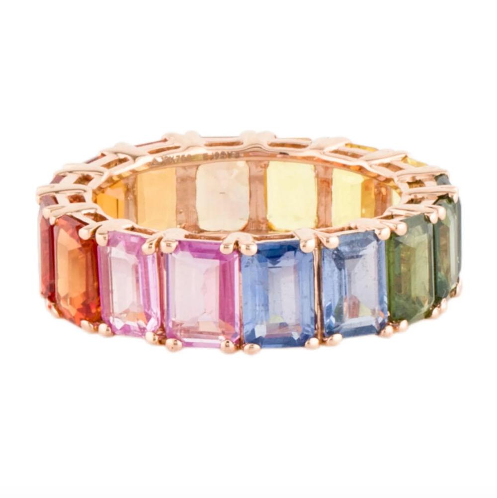 Emerald Cut Rainbow Sapphire Octagon Eternity Band in 14k Gold For Sale