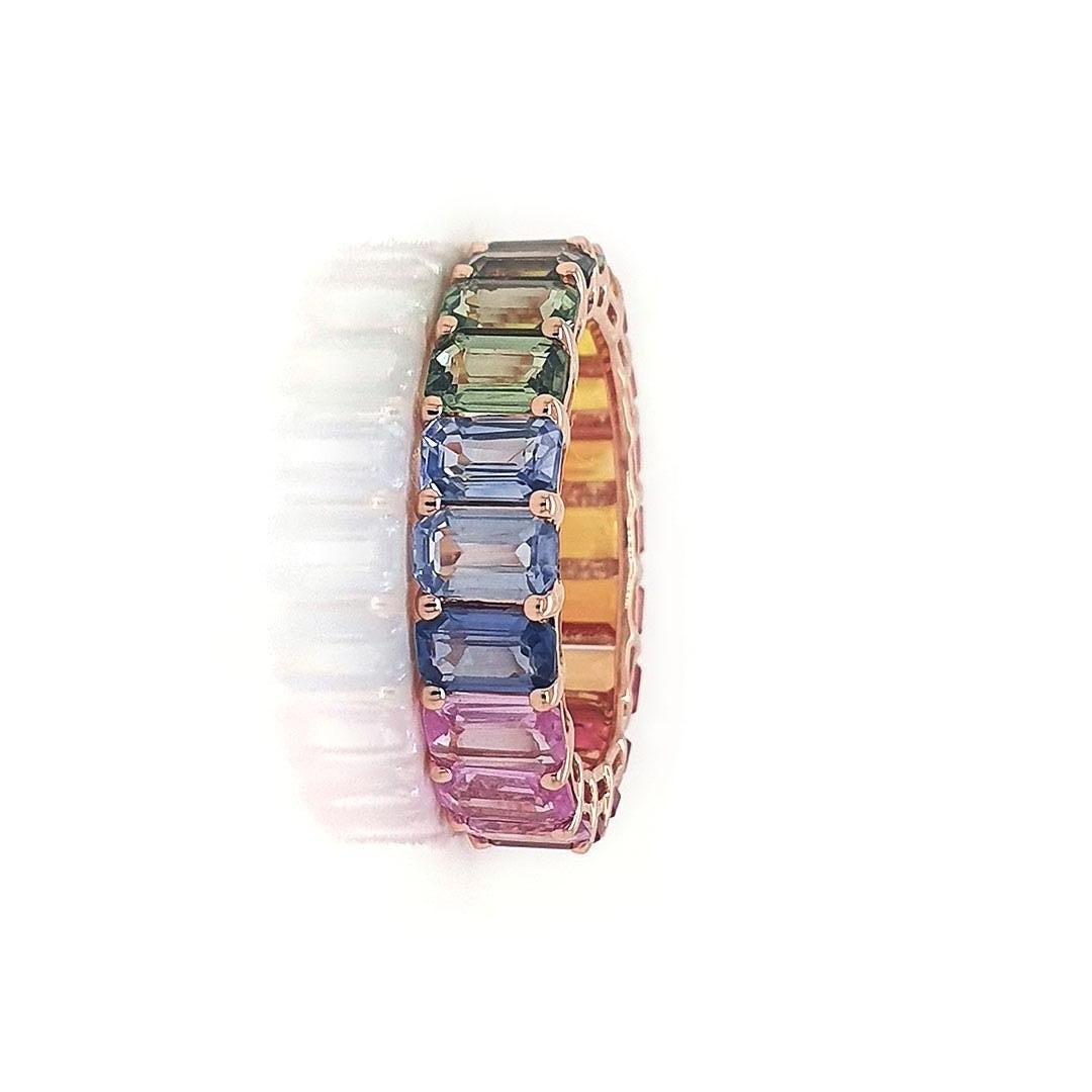 Octagon Cut Rainbow Sapphire Octagon Ring 14K Gold For Sale