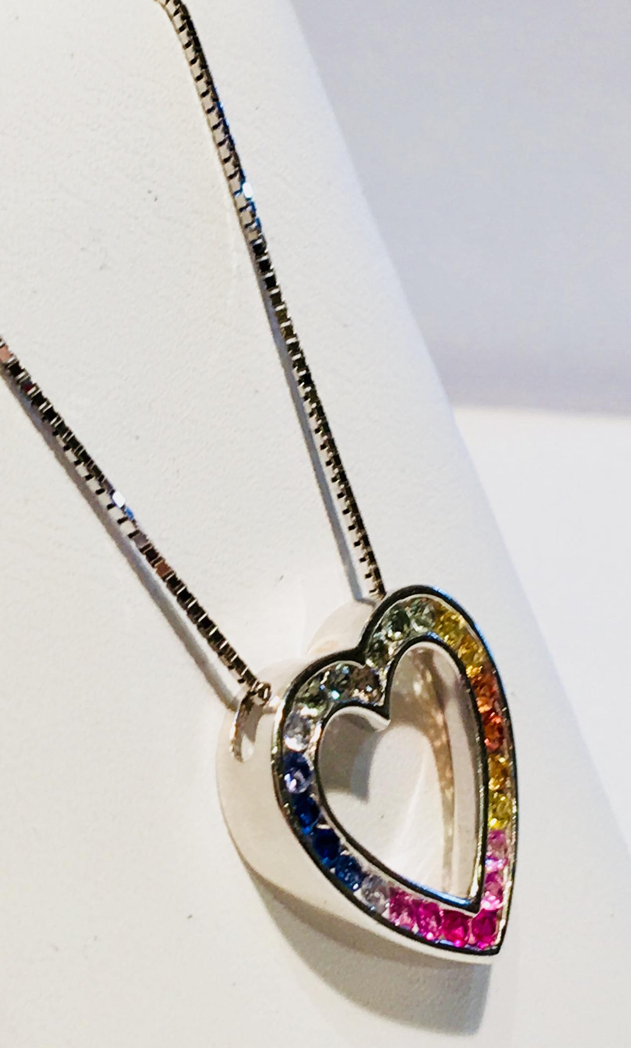 Contemporary Rainbow Sapphire Open Heart Shaped White Gold Pendant and Chain