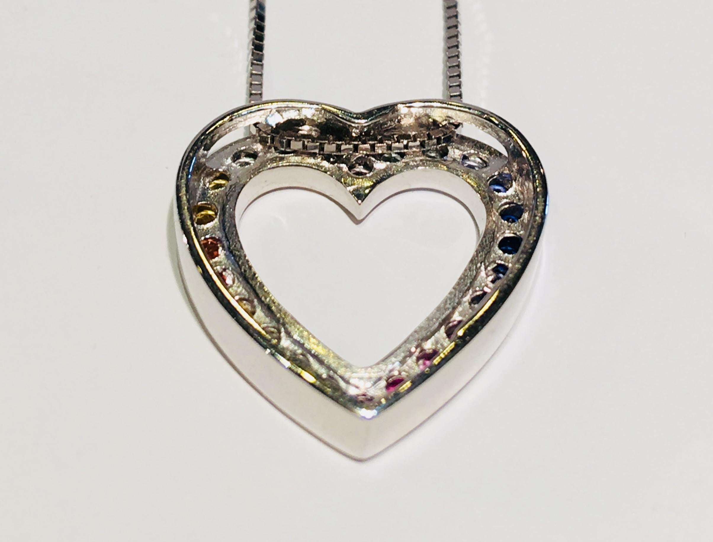 Rainbow Sapphire Open Heart Shaped White Gold Pendant and Chain In Excellent Condition In Tustin, CA