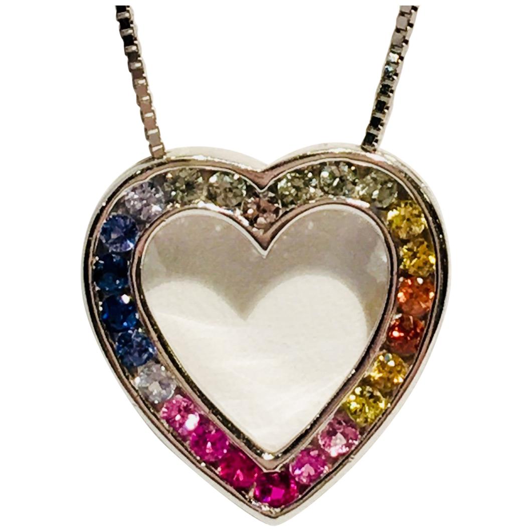 Rainbow Sapphire Open Heart Shaped White Gold Pendant and Chain