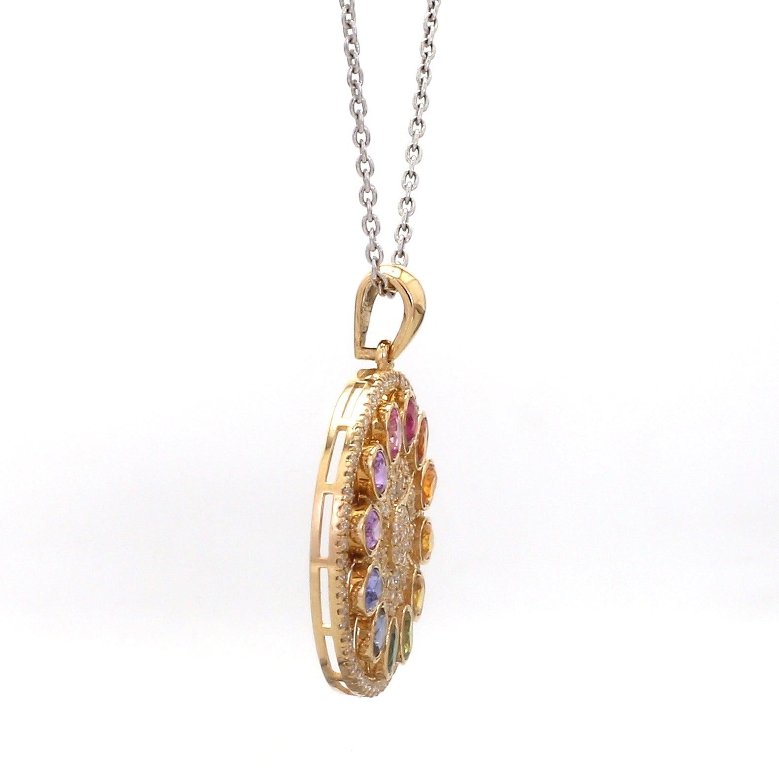 Contemporary Rainbow Sapphire Oval and Diamond Disc Pendant in 18K Gold