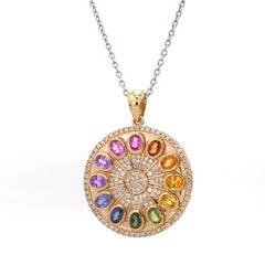 Rainbow Sapphire Oval and Diamond Disc Pendant in 18K Gold
