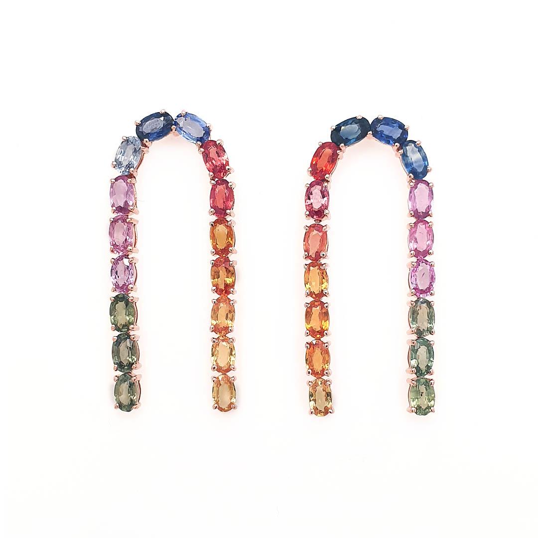 Modern Rainbow Sapphire Oval Arch Earring 14k Gold For Sale