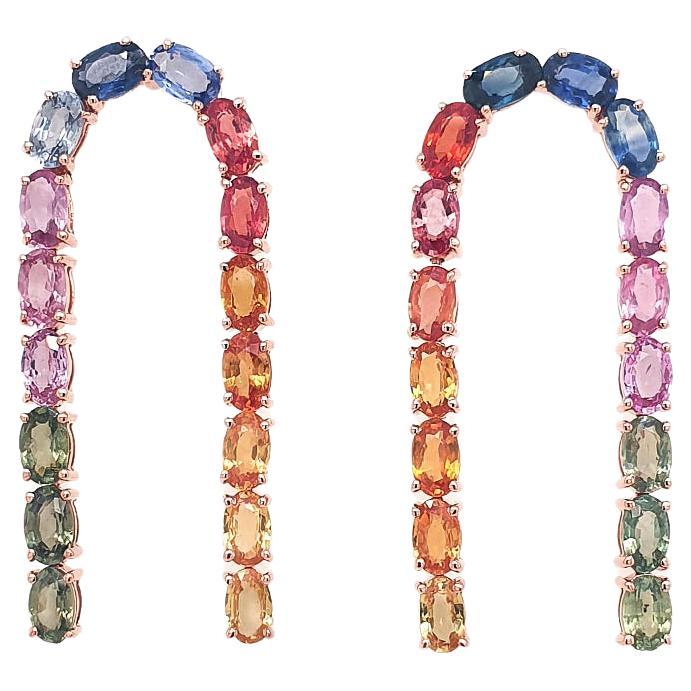 Rainbow Sapphire Oval Arch Earring 14k Gold For Sale
