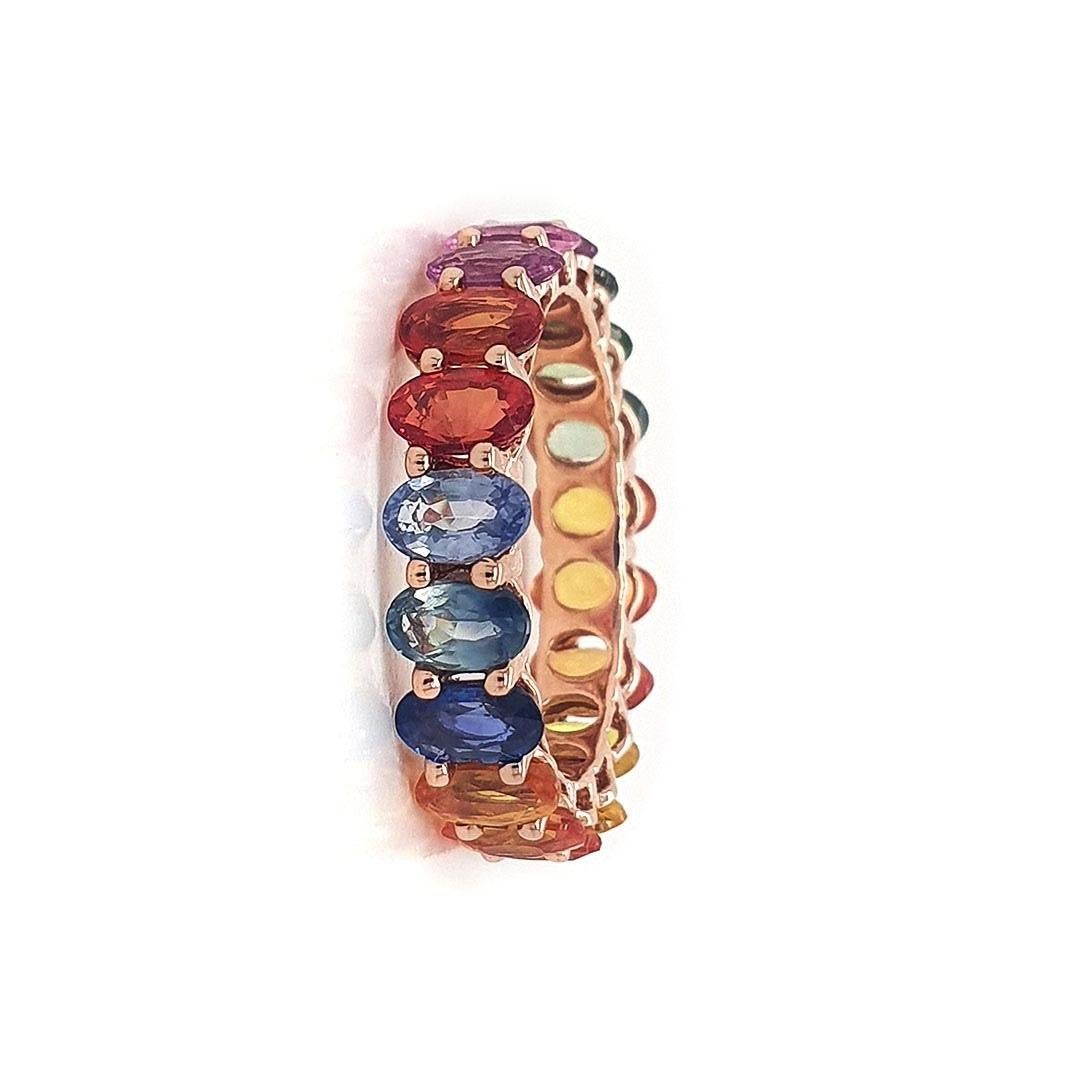 Stone : Yellow, Orange, Red, Pink, Blue and Green Sapphire
Type : Natural
Ring Weight- 5.48 gms
Shape : Oval
Size : 5x3 mm
Weight : 8.58 Carats
Ring size : US 6.75
Metal : Rose Gold
Enhancement : Heated

Please allow 5-10% fluctuation in stone