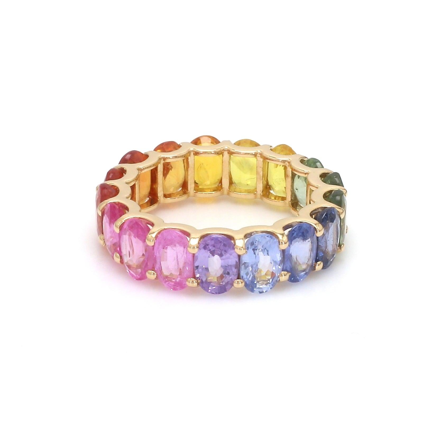 Contemporary Rainbow Sapphire Oval U Shape Prong Ring in 18k Gold