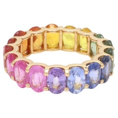 Rainbow Sapphire Oval U Shape Prong Ring in 18k Gold
