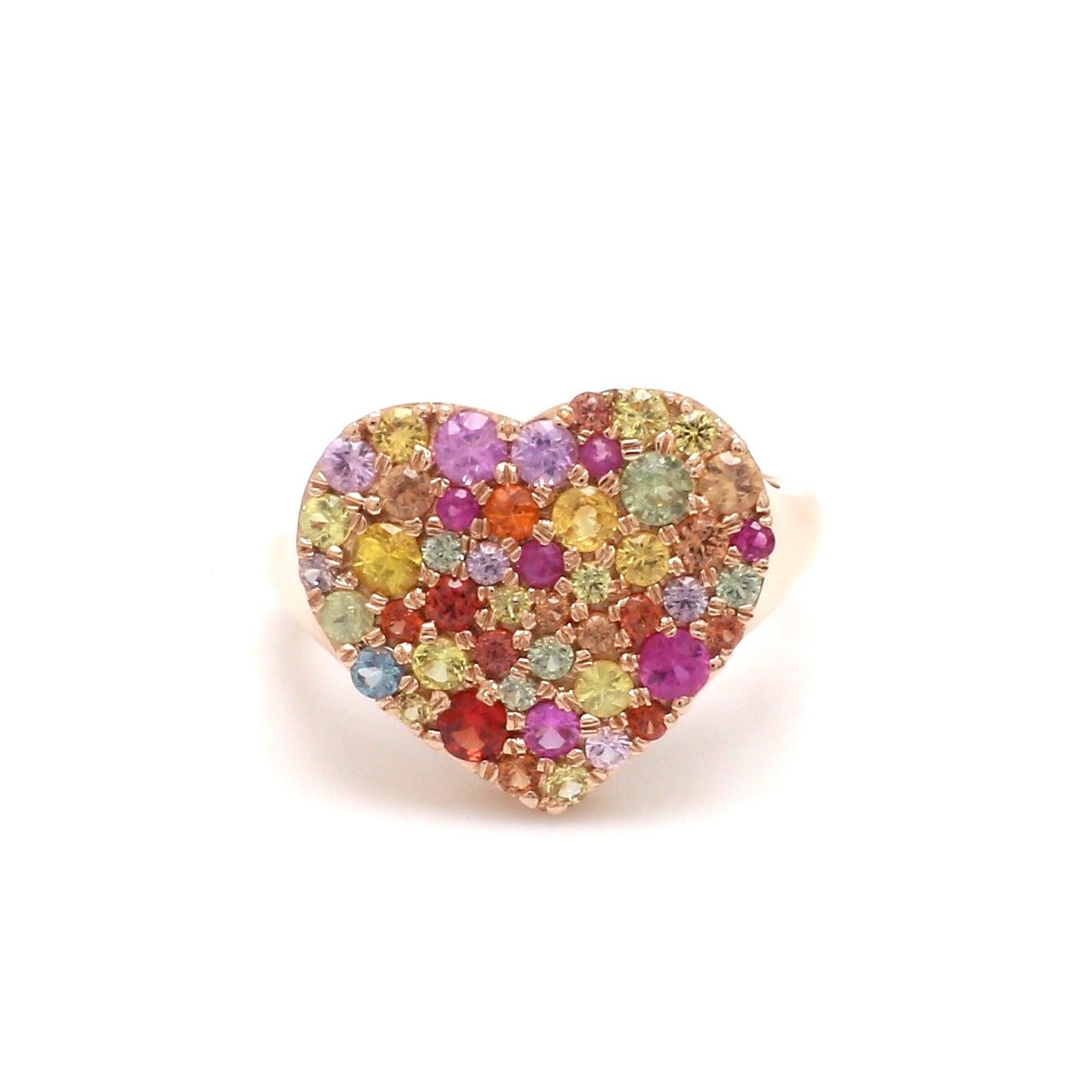 Rainbow Sapphire Pave Heart Ring in 18K Gold In New Condition In jaipur, IN