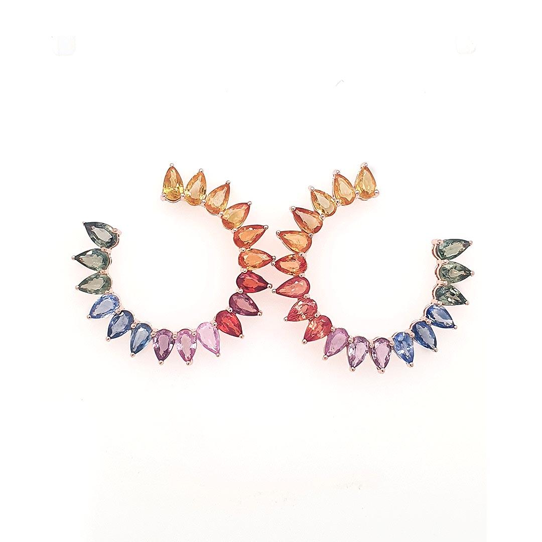 Pear Cut Rainbow Sapphire Pear Earring 14K Gold For Sale