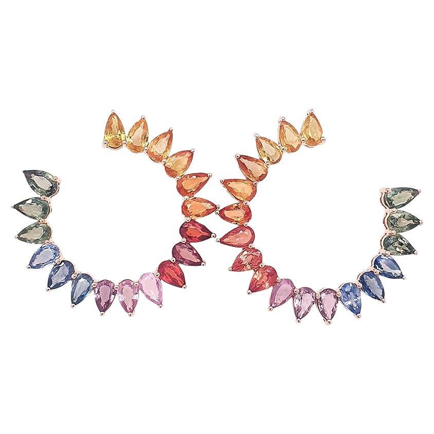 Boucles d'oreilles en or 14 carats avec saphirs arc-en-ciel en forme de poire en vente