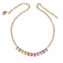 Rainbow Sapphire Pear Prong Set Link Chain Necklace in 18k