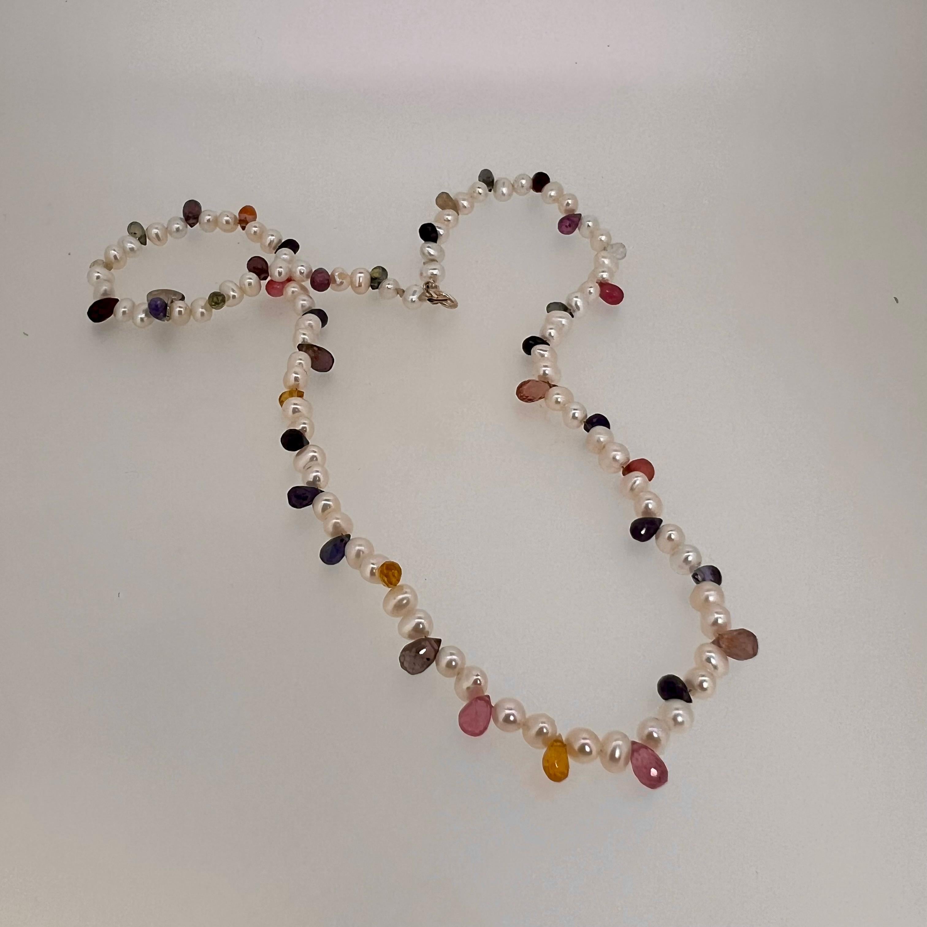 Briolette Cut Rainbow Sapphire & Pearl Whisper Necklace For Sale