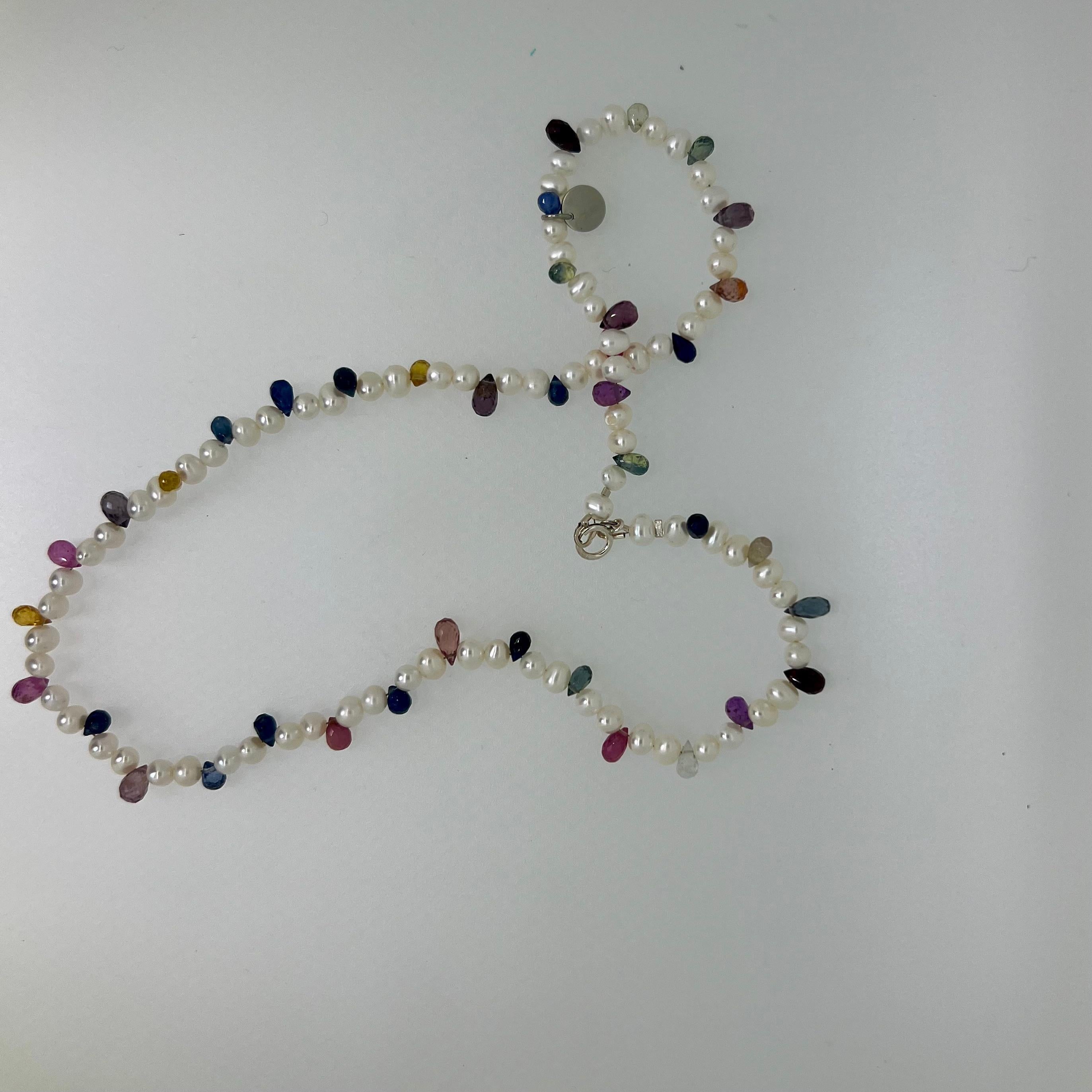 Women's Rainbow Sapphire & Pearl Whisper Necklace For Sale