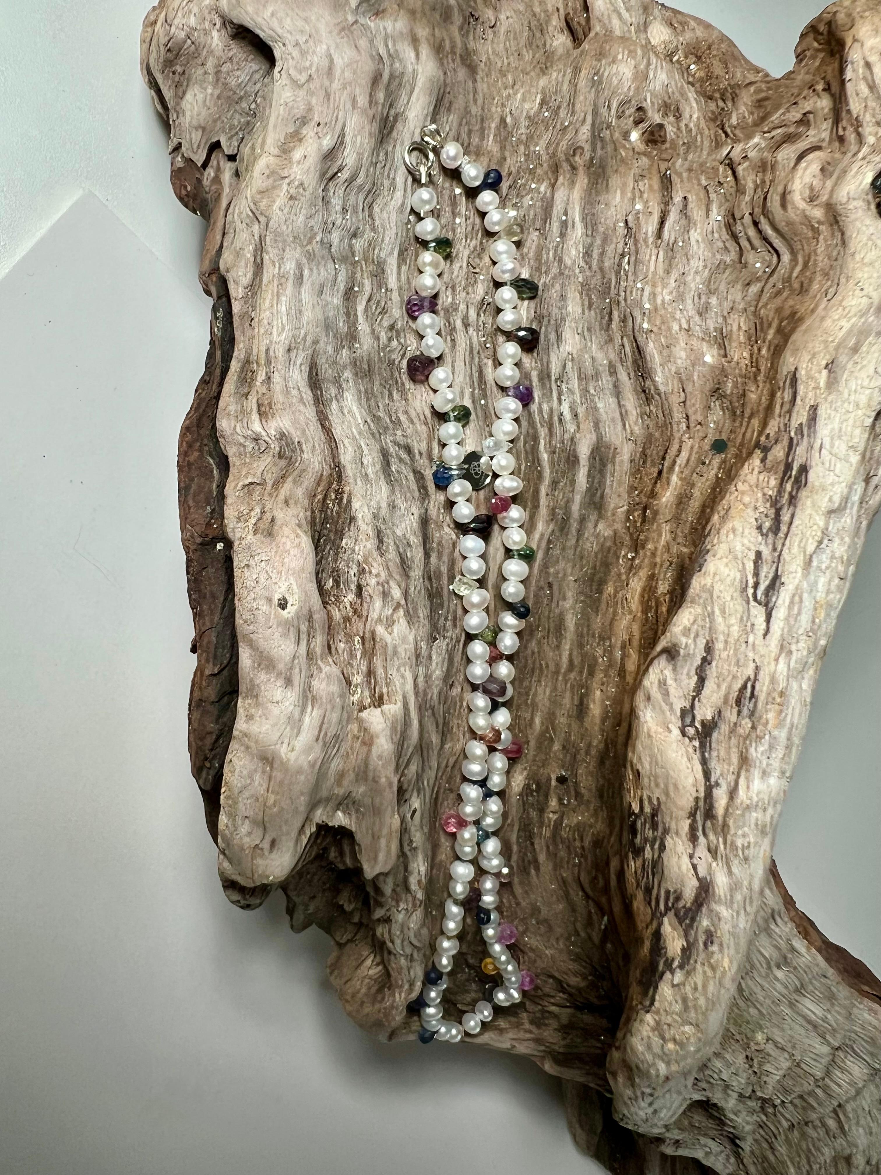 Rainbow Sapphire & Pearl Whisper Necklace For Sale 2