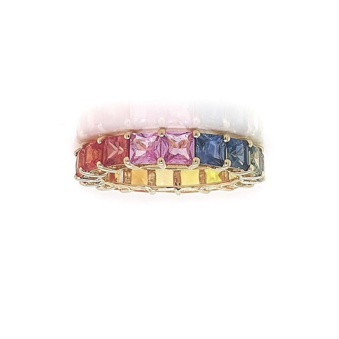 Stone : Yellow, Orange, Red, Pink, Blue and Green Sapphire
Type : Natural
Ring Weight- 2.65 gms
Shape : Princess
Size : 3.5 X 3.5 mm
Weight :  4.64 Carats
Metal : Yellow Gold
Enhancement : Heated

Please allow 5-10% fluctuation in stone weight &