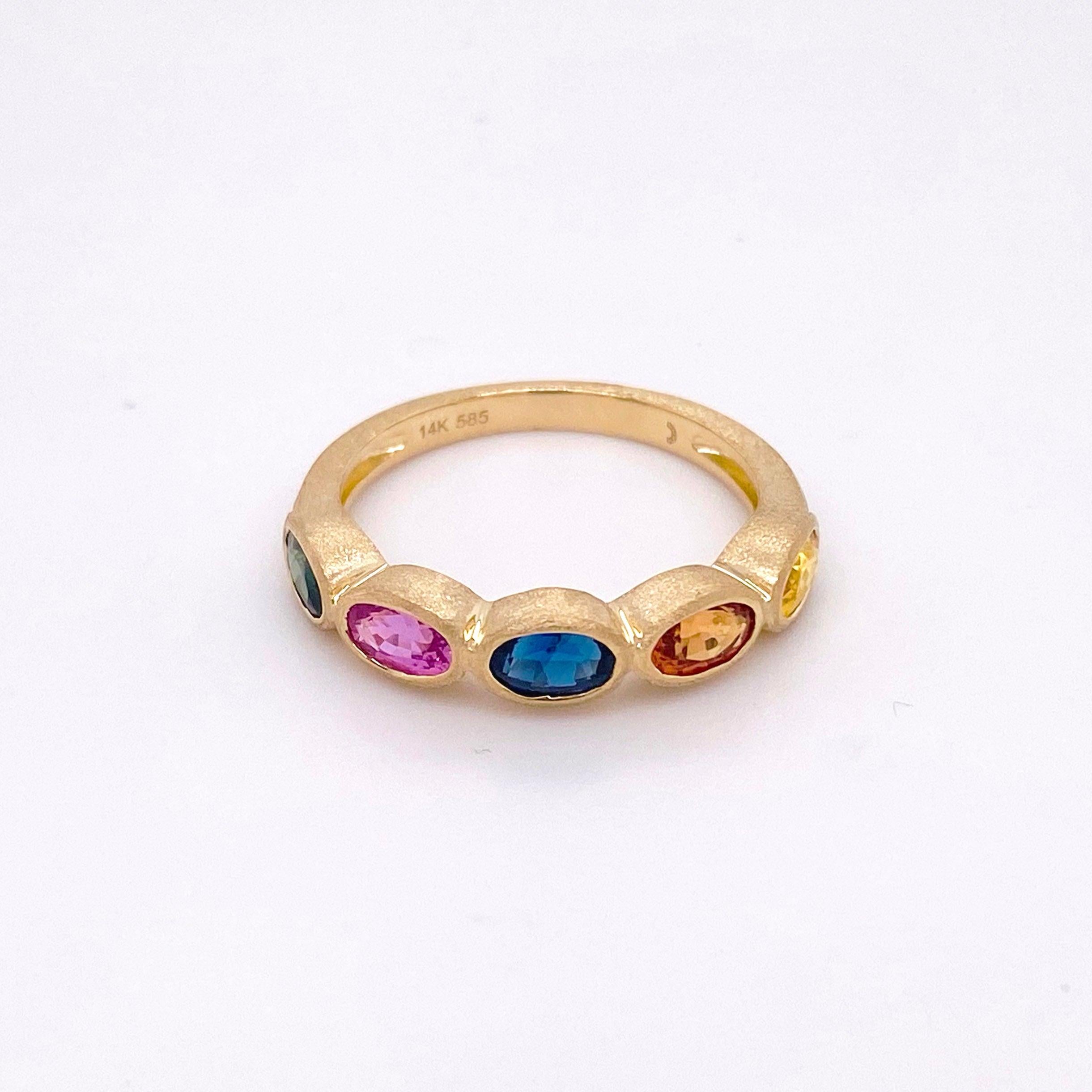 For Sale:  Rainbow Sapphire Ring, 14 Karat Yellow Gold Bezel Band, Satin Finish 3