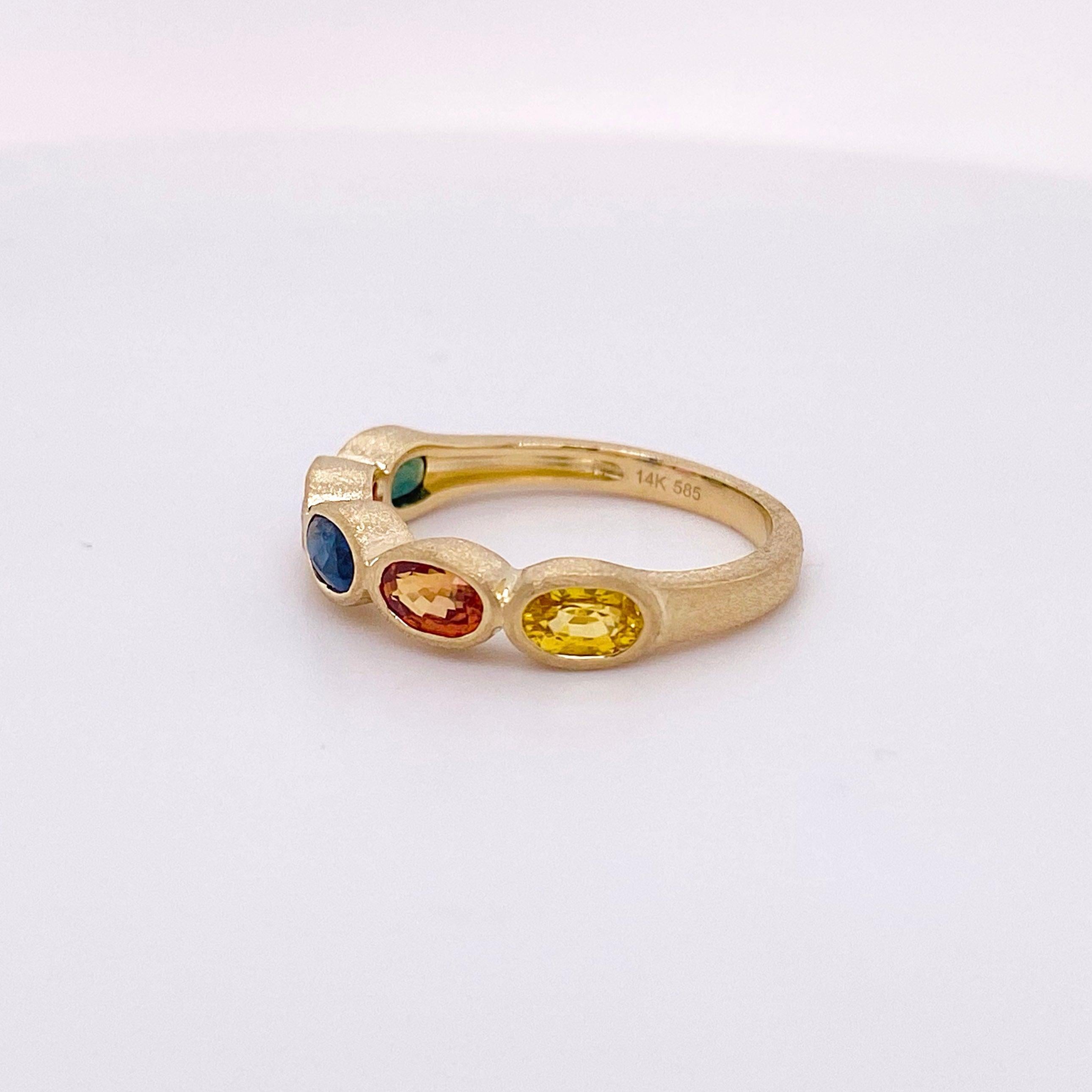 For Sale:  Rainbow Sapphire Ring, 14 Karat Yellow Gold Bezel Band, Satin Finish 5