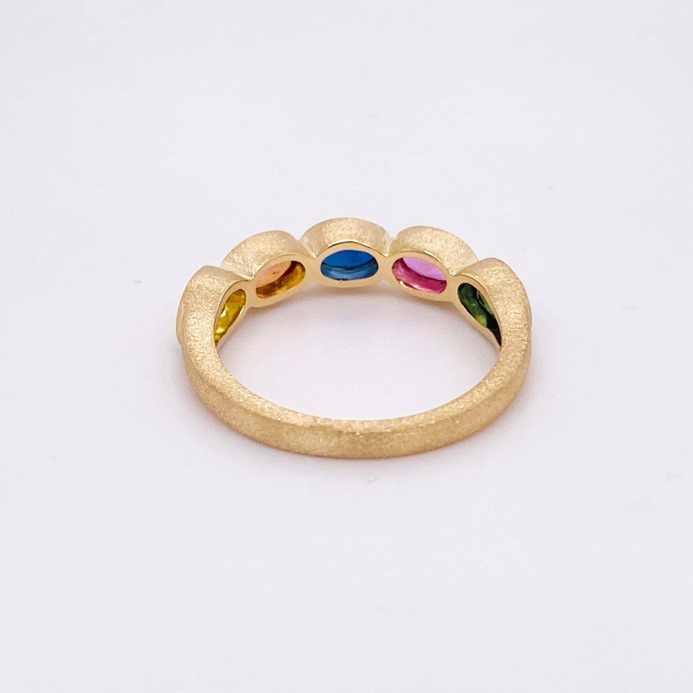 For Sale:  Rainbow Sapphire Ring, 14 Karat Yellow Gold Bezel Band, Satin Finish 7