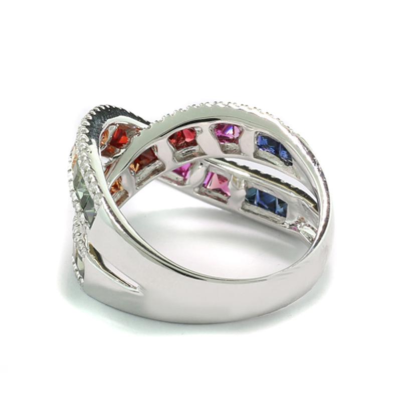 Princess Cut Rainbow Sapphire Ring with Diamonds 18 Karat White Gold Criss-Cross Multicolor For Sale