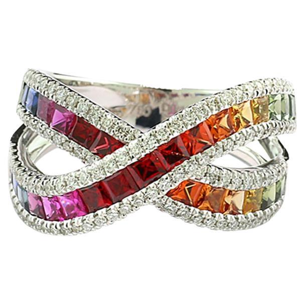 Rainbow Sapphire Ring with Diamonds 18 Karat White Gold Criss-Cross Multicolor For Sale