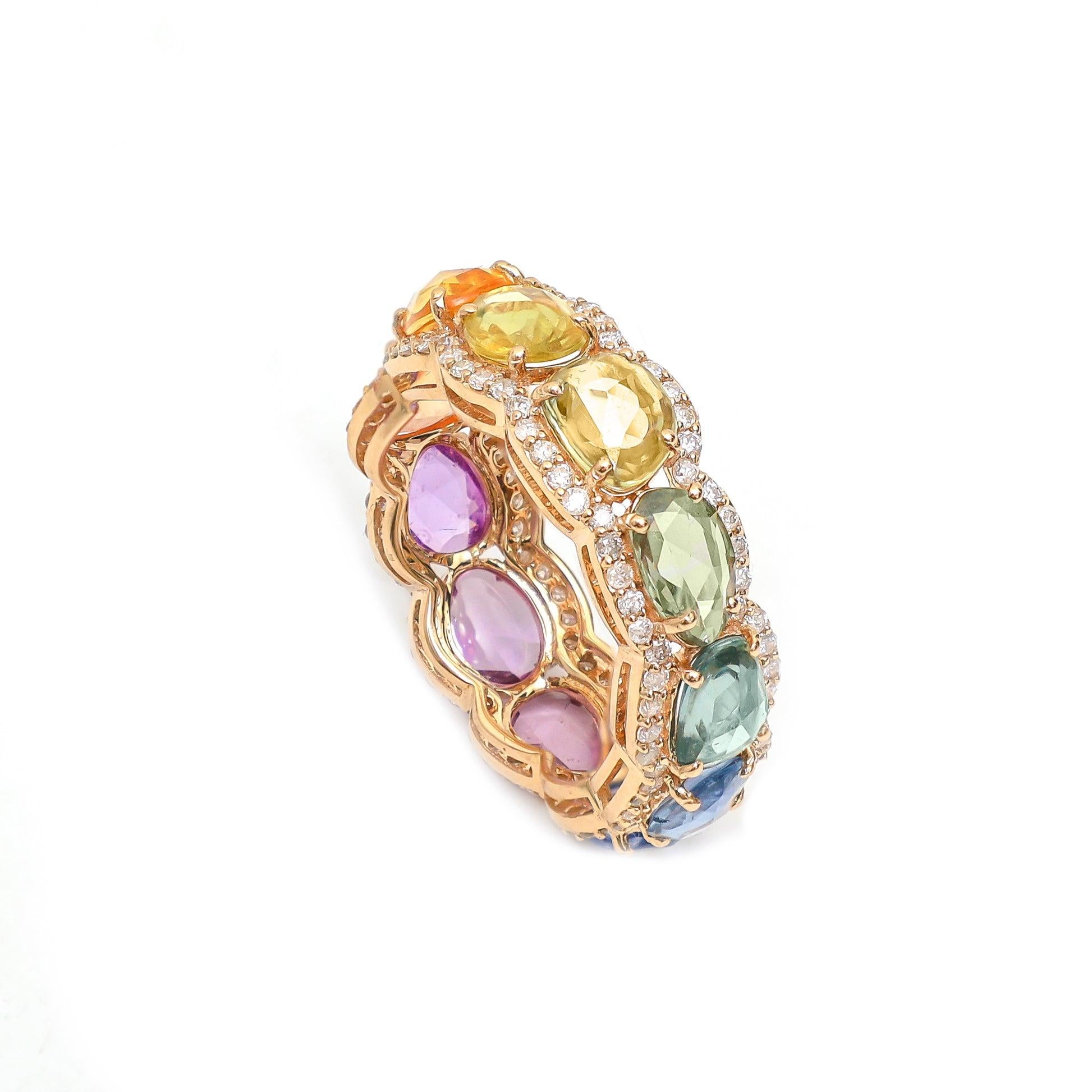 Rainbow Sapphire Rose Cut and Diamond Ring in 18k Gold In New Condition In jaipur, IN