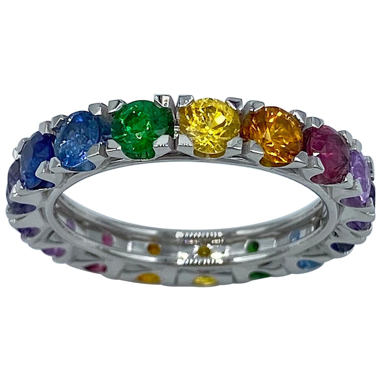 Rainbow Sapphire Semiprecious Stone White 18 Karat Gold Ring Made in Italy