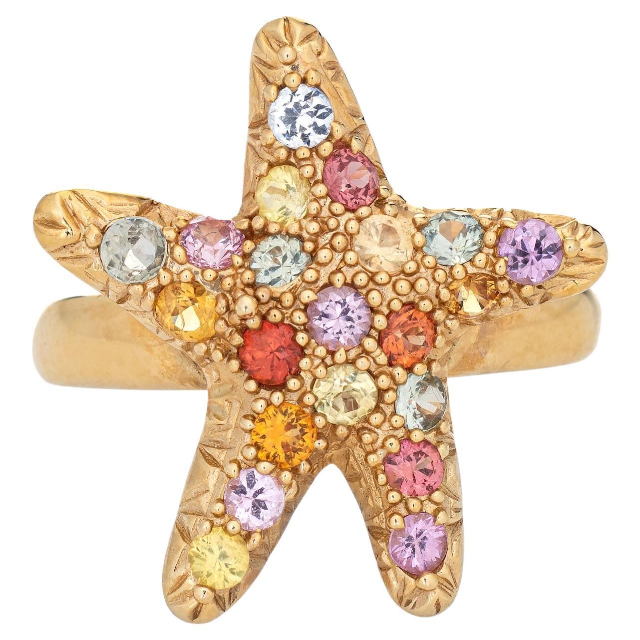 Rainbow Sapphire Starfish Ring Vintage 14k Yellow Gold Ocean Jewelry For Sale