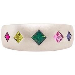 Rainbow Sapphire Sterling Silver Band, Satin Finish and Multicolored Sapphires
