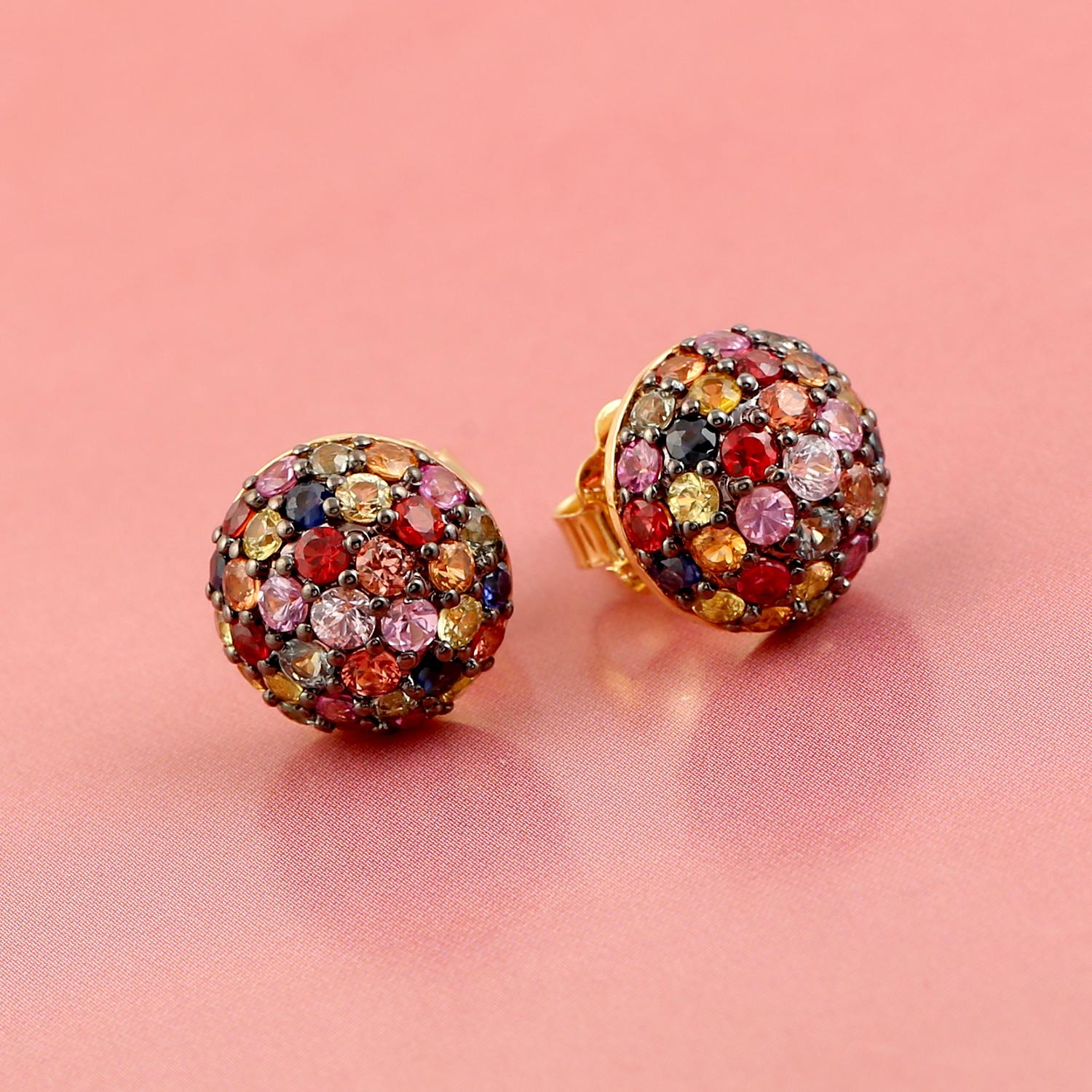 Artisan Rainbow Sapphire Stud Earrings Made In 18k Yellow Gold For Sale
