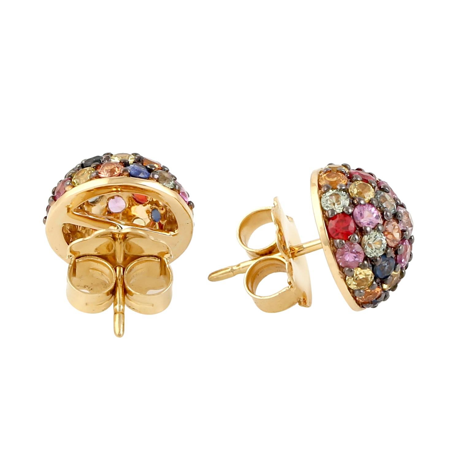 Mixed Cut Rainbow Sapphire Stud Earrings Made In 18k Yellow Gold For Sale