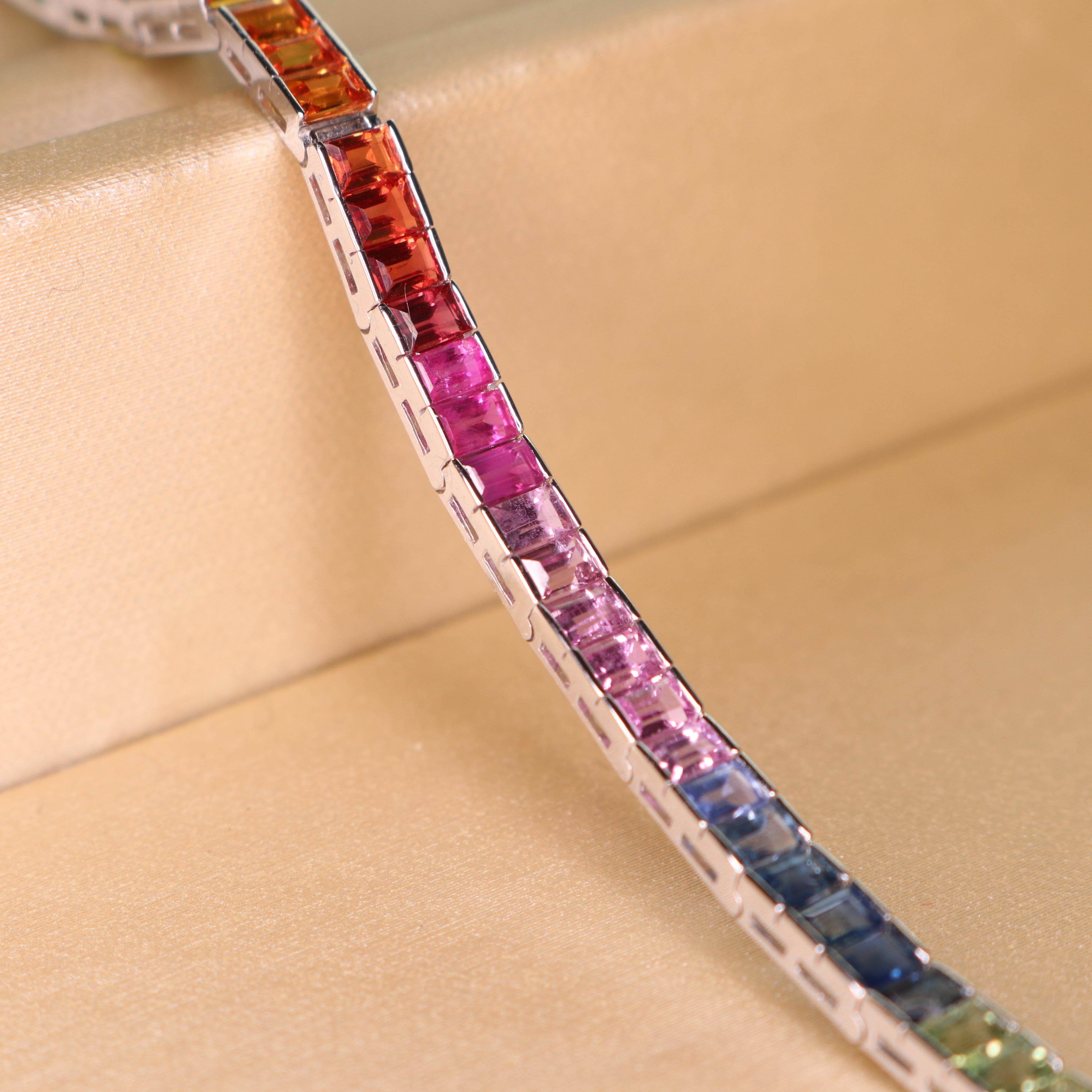 Women's or Men's Rainbow Sapphire Tennis Bracelet - Baguettes in 18K White Gold For Sale
