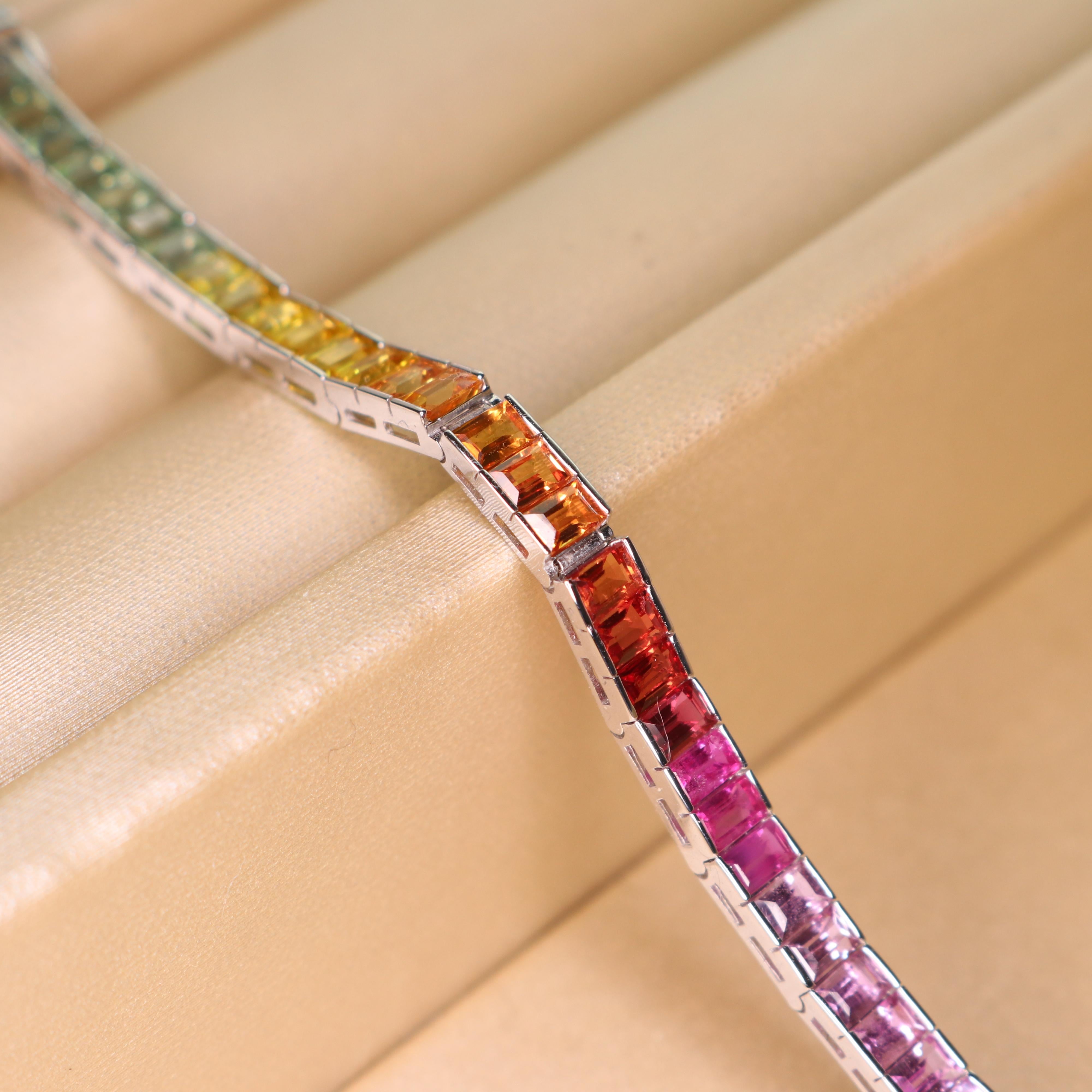 Rainbow Sapphire Tennis Bracelet - Baguettes in 18K White Gold For Sale 1
