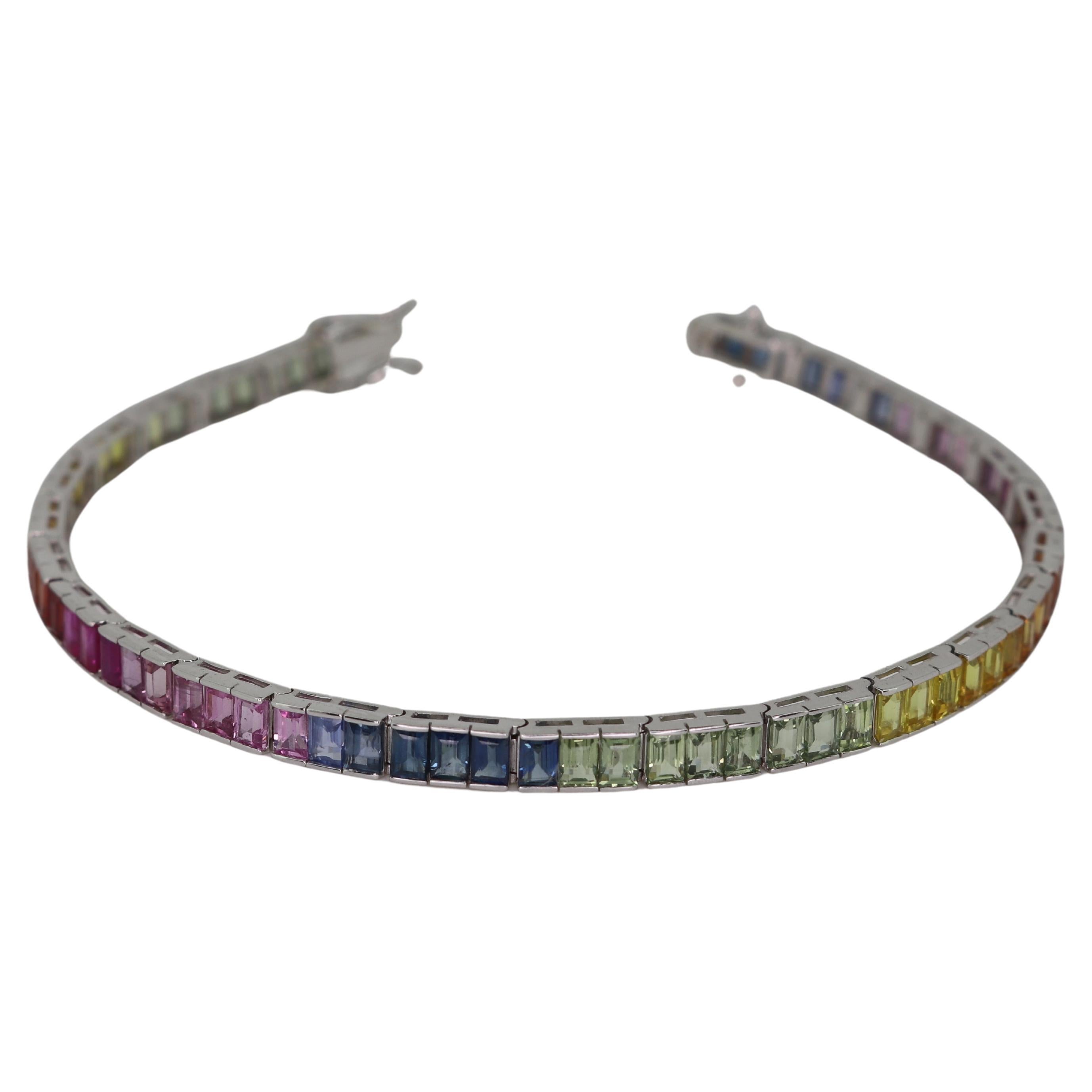 Rainbow Sapphire Tennis Bracelet - Baguettes in 18K White Gold For Sale