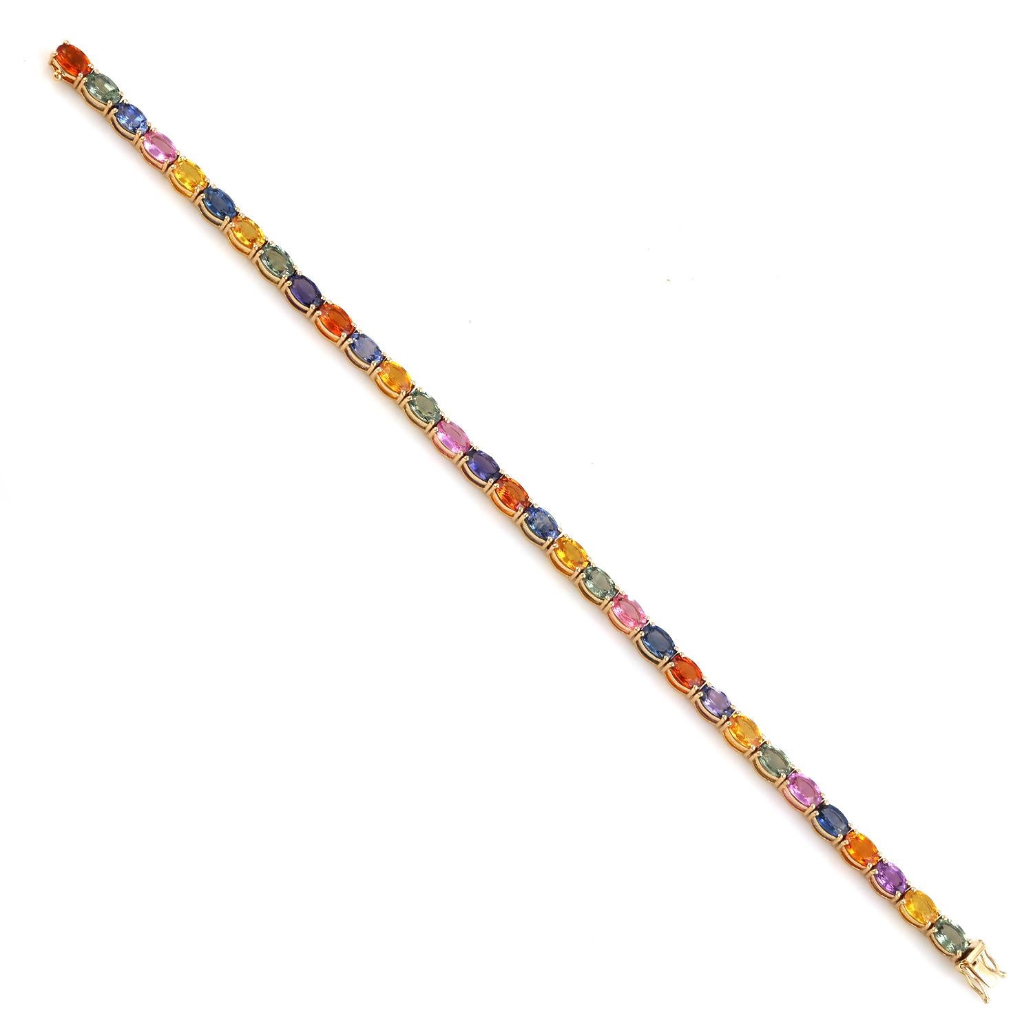 Artisan Rainbow Sapphire Tennis Bracelet Made In 18k Yellow Gold For Sale